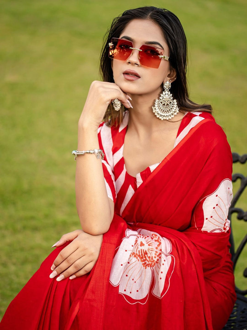 Red Pure Soft Cotton Bagru Block Print Saree