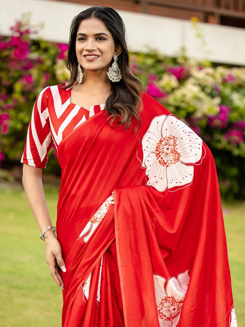 Red Pure Soft Cotton Bagru Block Print Saree