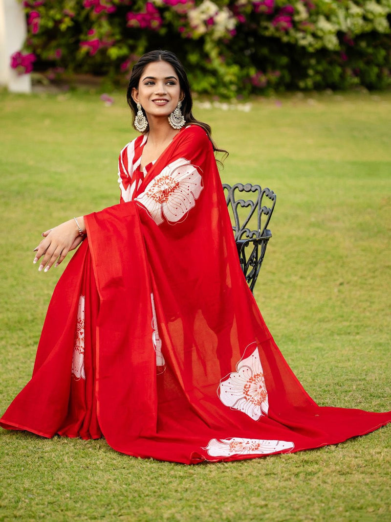 Red Pure Soft Cotton Bagru Block Print Saree