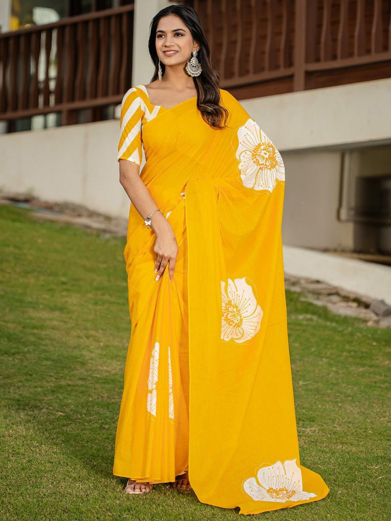Yellow Pure Soft Cotton Bagru Block Print Saree
