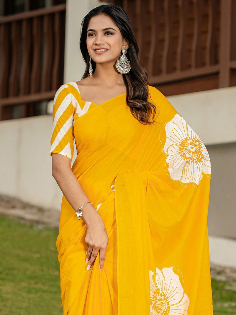 Yellow Pure Soft Cotton Bagru Block Print Saree