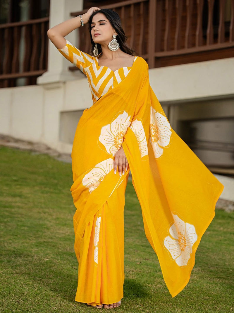 Yellow Pure Soft Cotton Bagru Block Print Saree