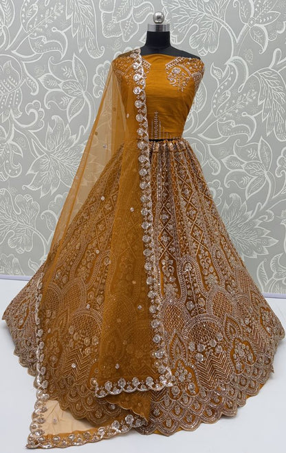 Rust Pure Heavy Net Motif Handwork Zari Sequins Work Bridal Lehenga Choli