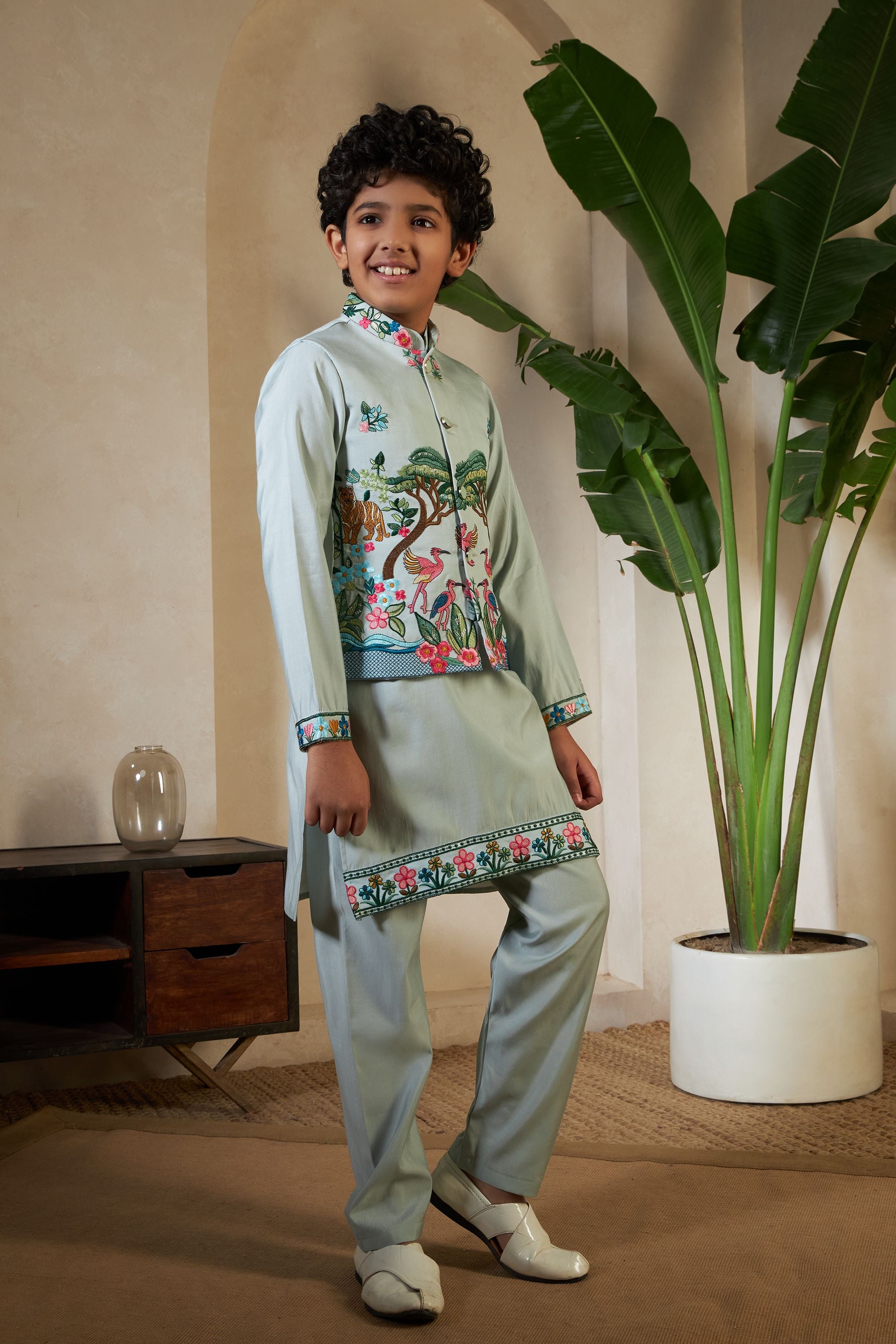 Pista Pure Viscose Silk Silk Kids Boy Kurta Pajama With Koti Jacket 