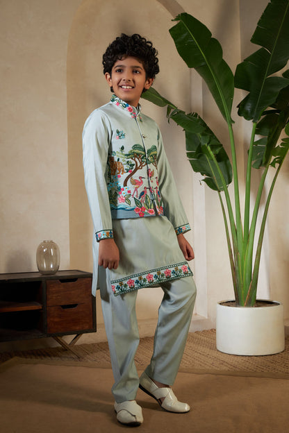 Pista Pure Viscose Silk Silk Kids Boy Kurta Pajama With Koti Jacket 