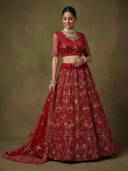 Red Pure Soft Heavy Net Sequins Embroidery Work Bridal Lehenga 