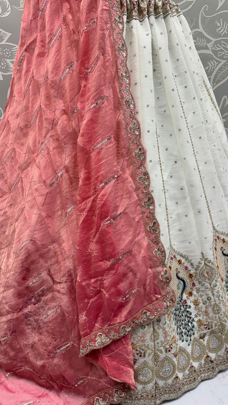 White Pure Soft Gadhwal Silk Heavy Embroidery Work Bridal Lehenga