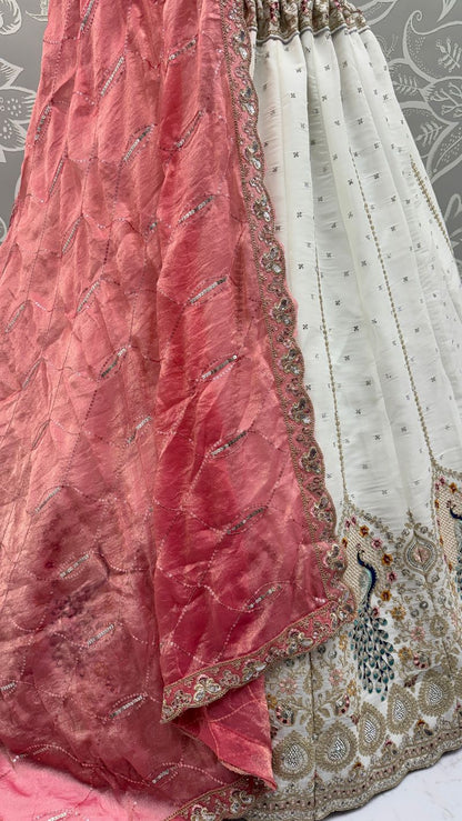 White Pure Soft Gadhwal Silk Heavy Embroidery Work Bridal Lehenga