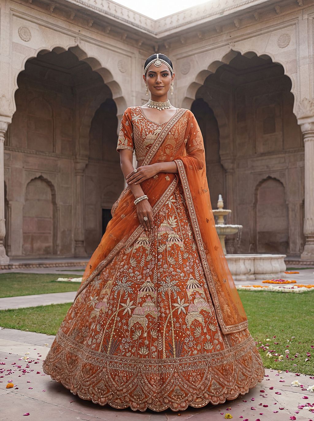 Orange Pure Soft Silk Heavy Embroidery Work Bridal Lehenga 