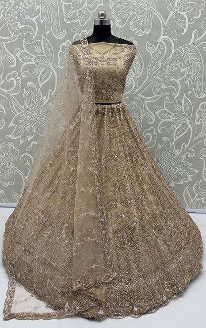 Golden Pure Heavy Net Motif Handwork Zari Sequins Work Bridal Lehenga Choli