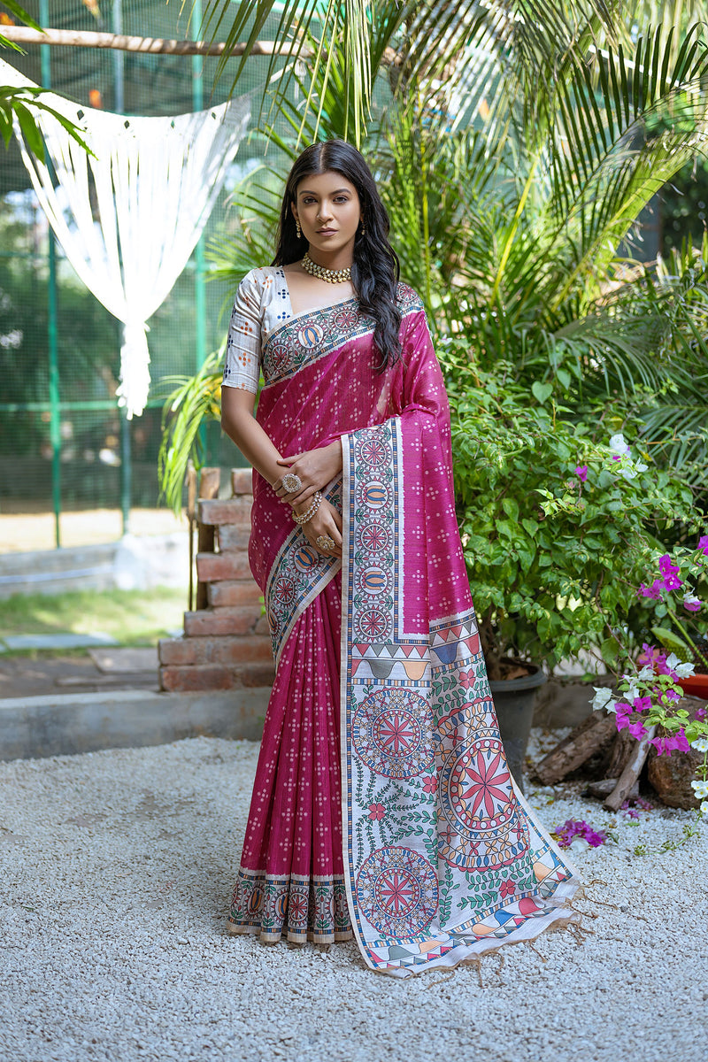 Pink Pure Soft Tussar Silk Madhubani Saree
