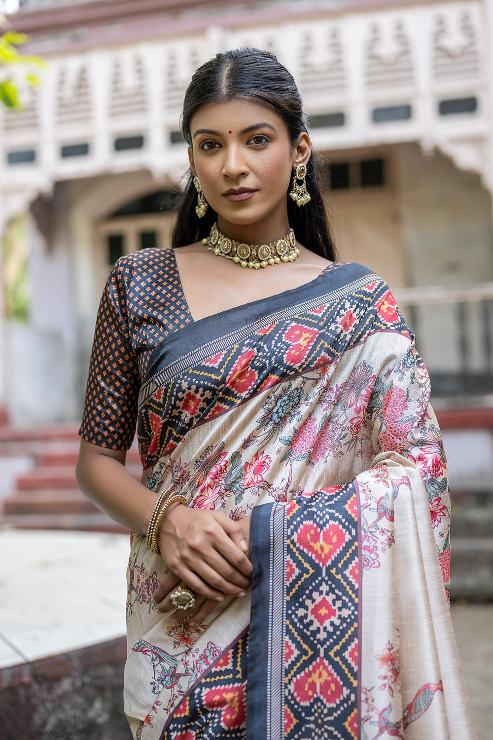Black Pure Soft Tussar Silk with patola Print Tussar Saree