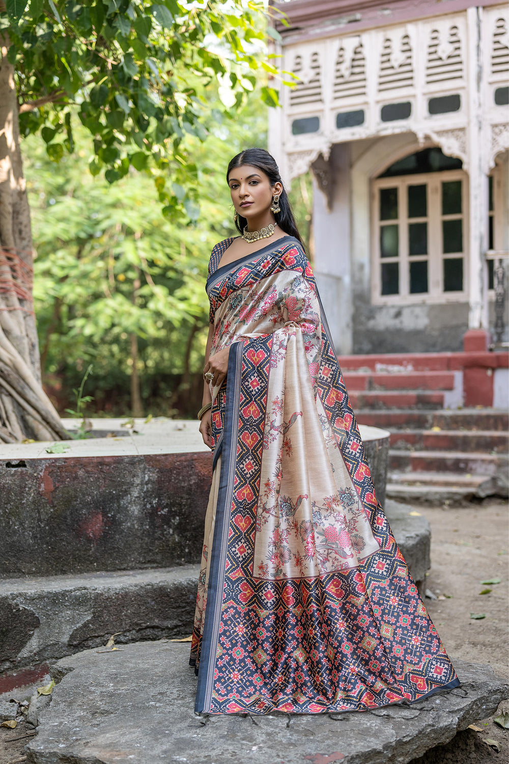 Black Pure Soft Tussar Silk with patola Print Tussar Saree