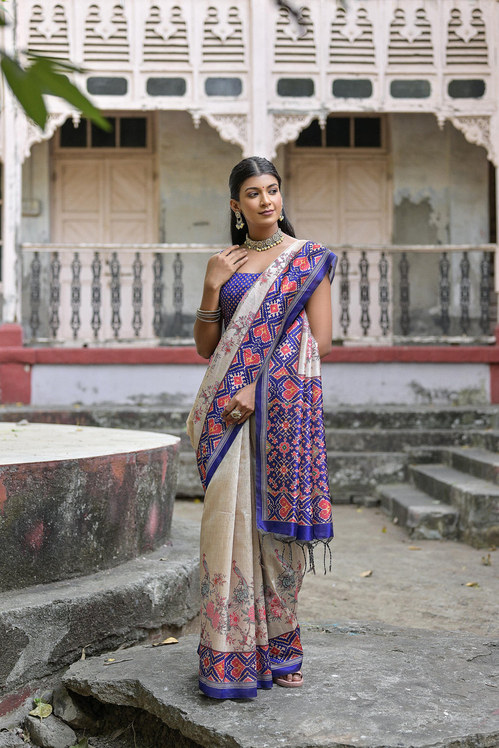 Blue Pure Soft Tussar Silk with patola Print Tussar Saree