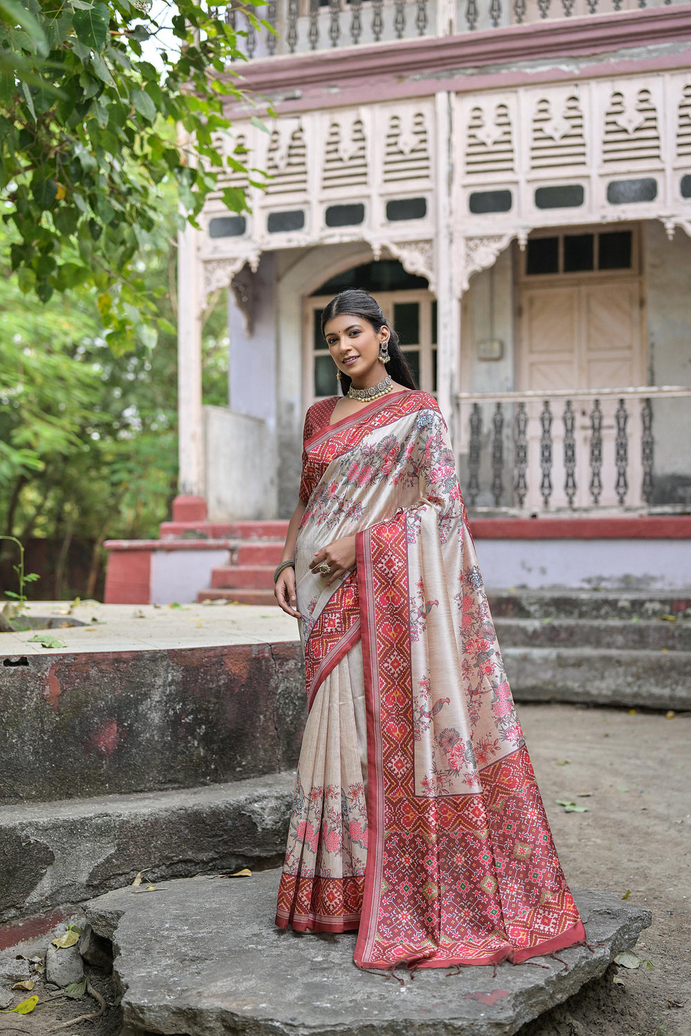 Red Pure Soft Tussar Silk with patola Print Tussar Saree