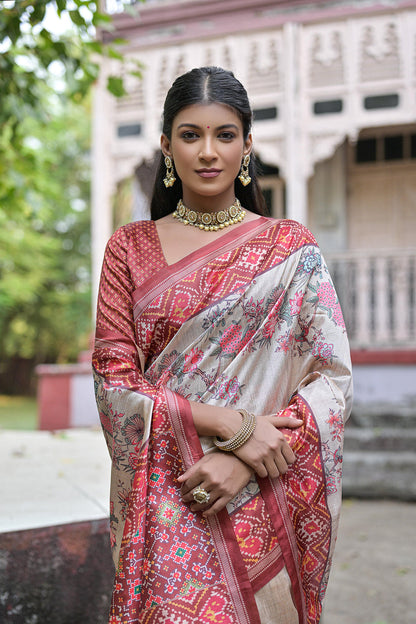 Red Pure Soft Tussar Silk with patola Print Tussar Saree Tussar Saree Anant Tex Exports Pvt.Ltd..