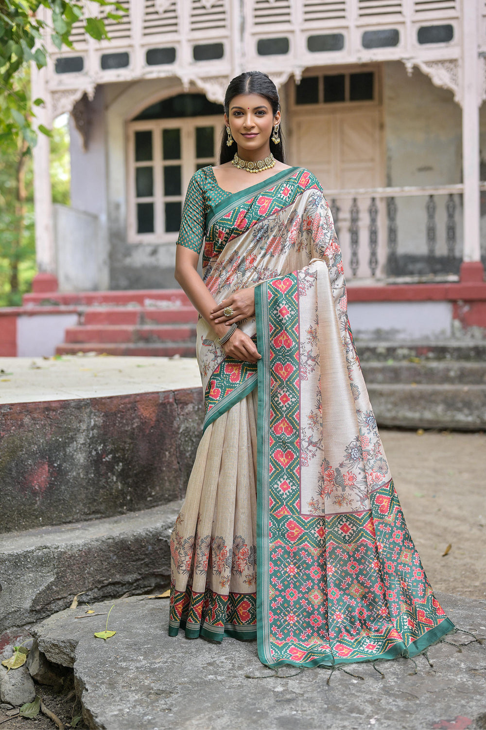 Green Pure Soft Tussar Silk with patola Print Tussar Saree