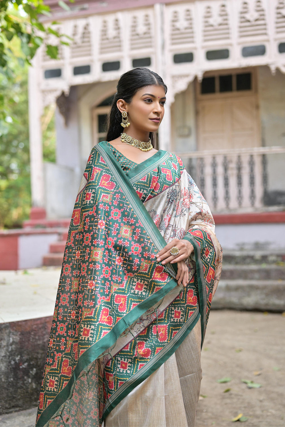Green Pure Soft Tussar Silk with patola Print Tussar Saree