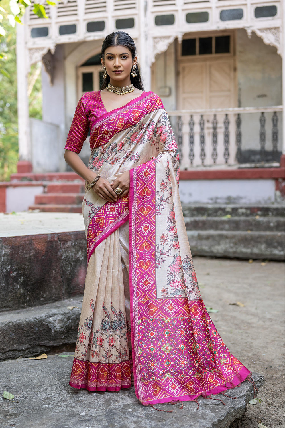 Pink Pure Soft Tussar Silk with patola Print Tussar Saree