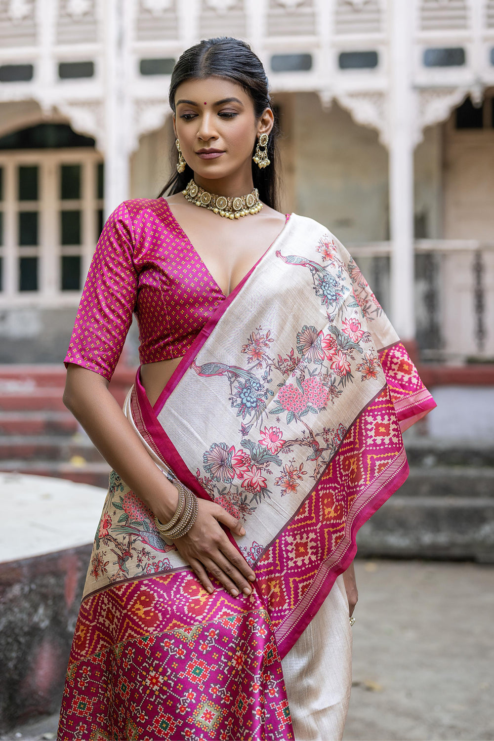 Pink Pure Soft Tussar Silk with patola Print Tussar Saree