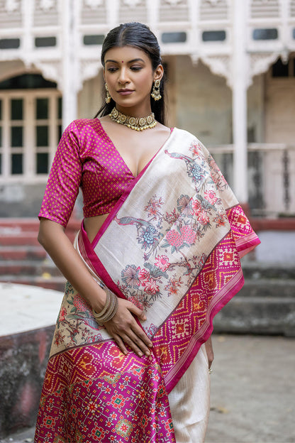 Pink Pure Soft Tussar Silk with patola Print Tussar Saree Tussar Saree Anant Tex Exports Pvt.Ltd..