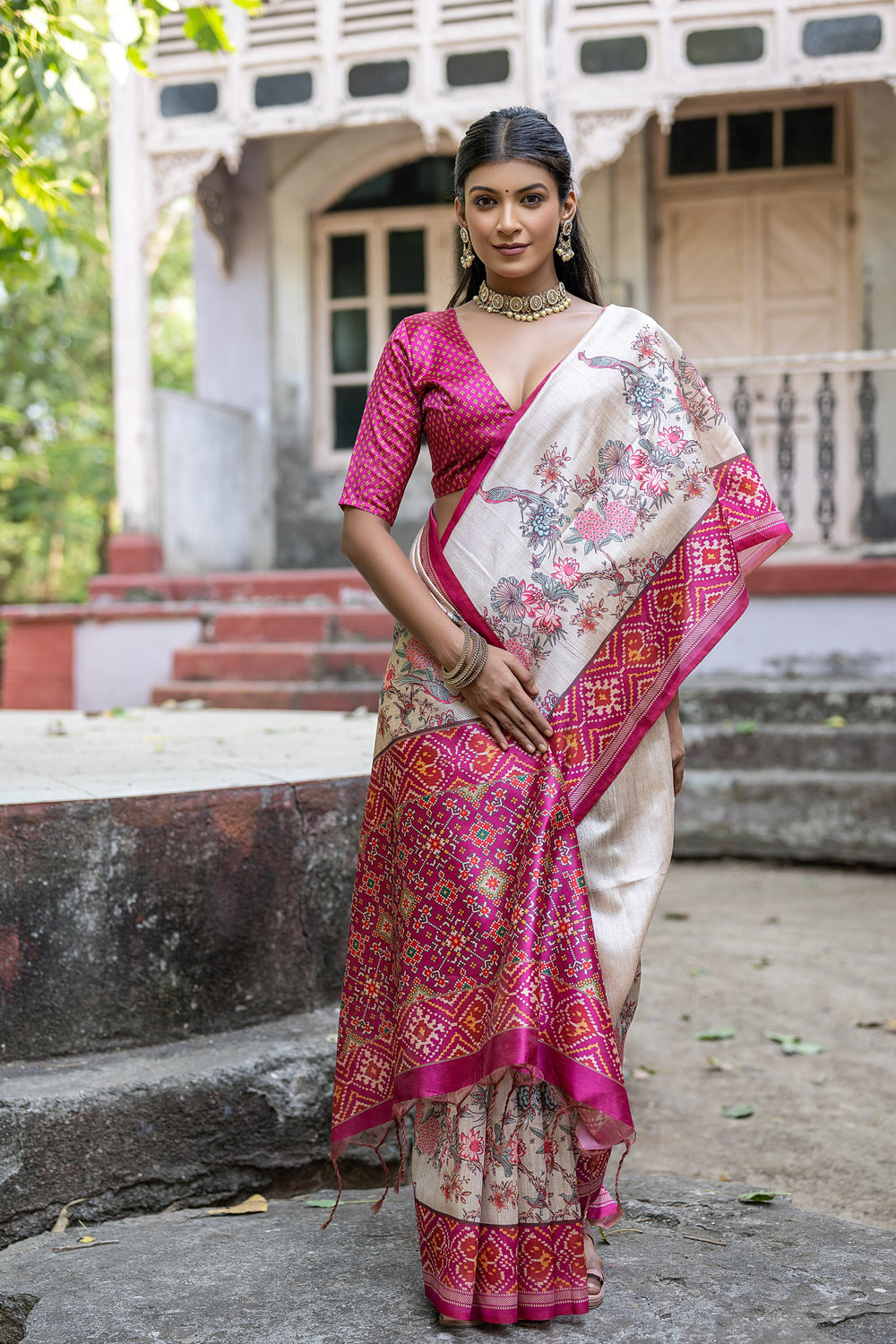 Pink Pure Soft Tussar Silk with patola Print Tussar Saree