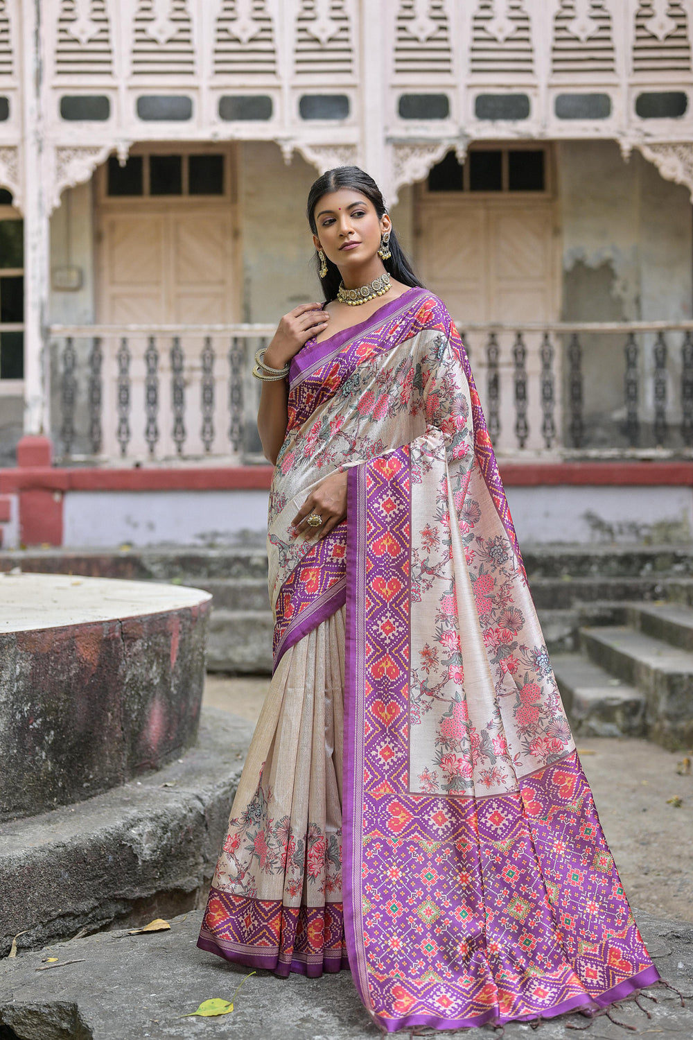 Wine Pure Soft Tussar Silk with patola Print Tussar Saree