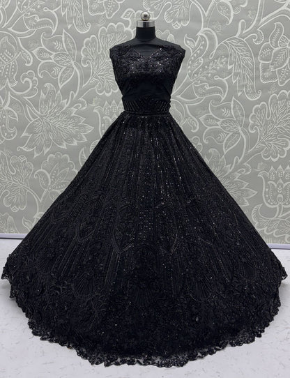 Black Pure Soft Net Heavy Embroidery Work Bridal Lehenga