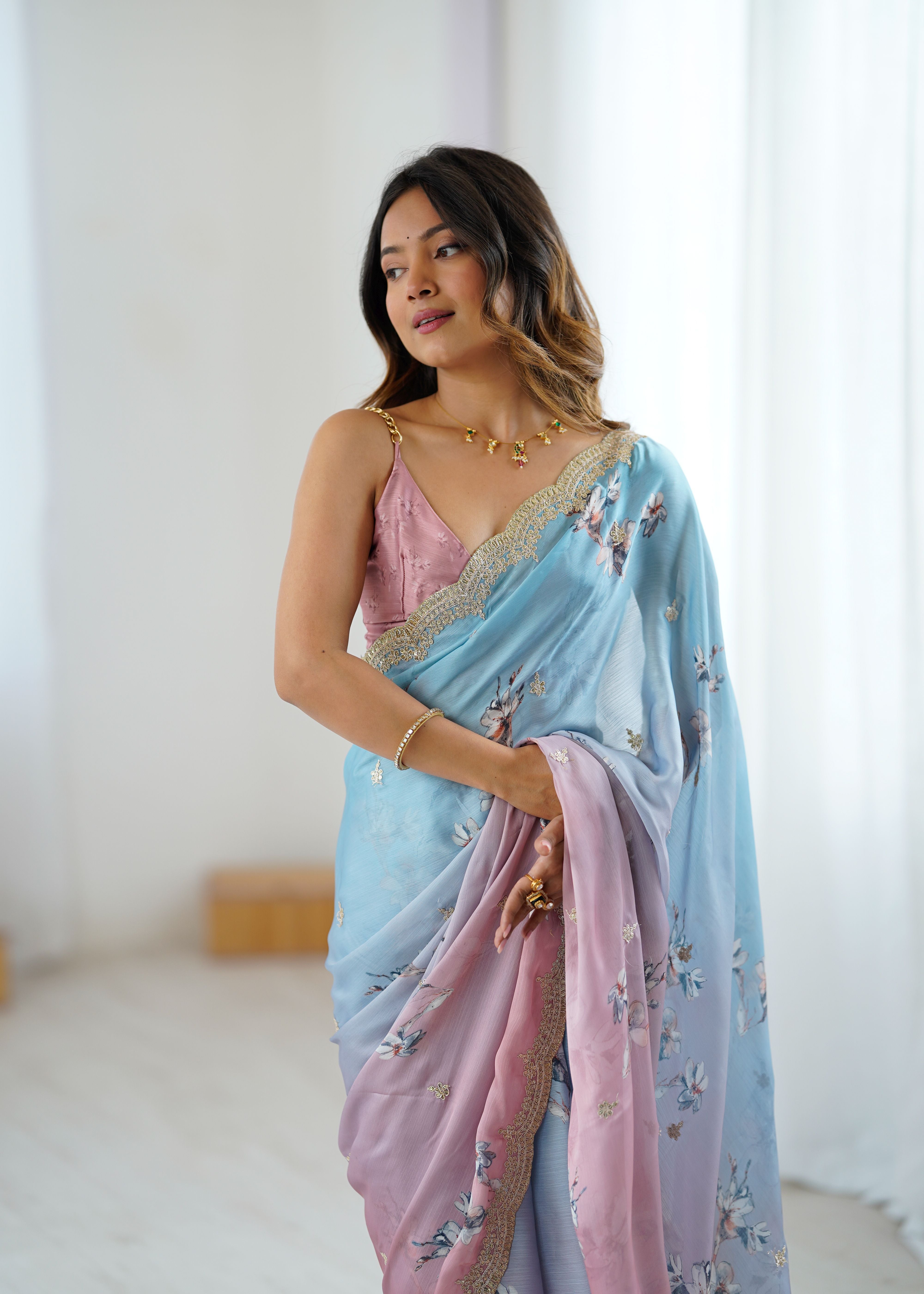 Aqua Pink Two Tone Satin Silk Sequins Embroidery Ready to Wear Saree ##color## Ready to Wear Saree with premium fabric and embroidery