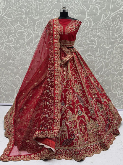 Red Pure Soft Silk Heavy Embroidery Work Bridal Lehenga 