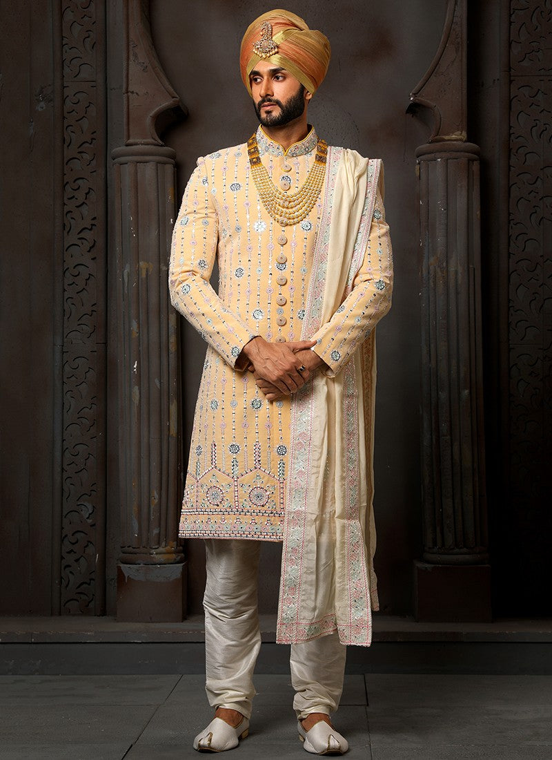 Yellow Colour Wedding Wear Sherwani Suit D.No.1723 Anant Tex Exports Private Limited