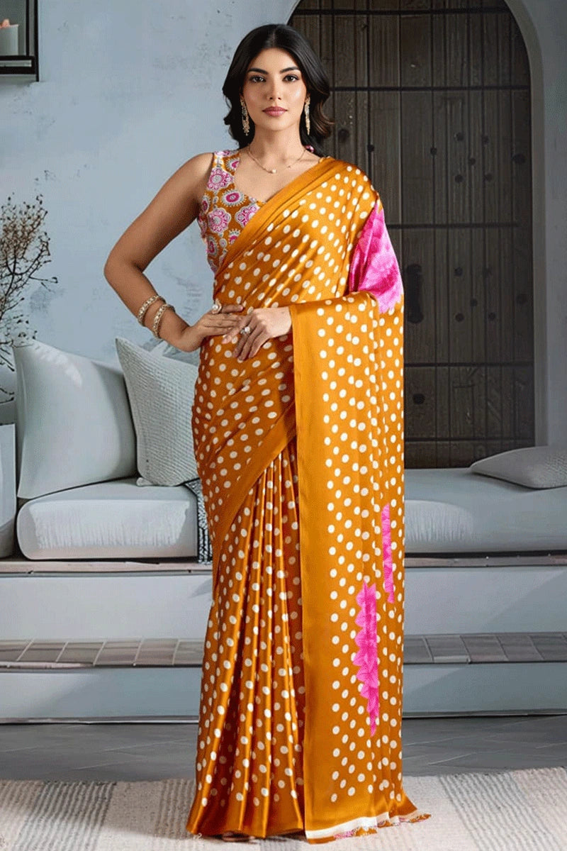 Yellow Pure Modal Satin Ajrakh Print Satin Saree Japan Satin Saree Anant Tex Exports Pvt.Ltd..