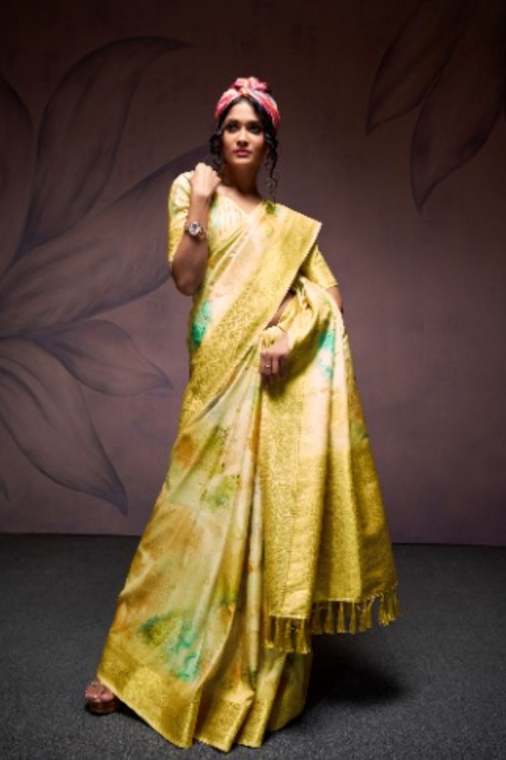Yellow Pure Banarasi Handloom Digital Printed Silk Saree 