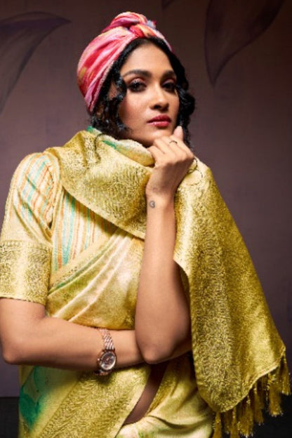 Yellow Pure Banarasi Handloom Digital Printed Silk Saree 