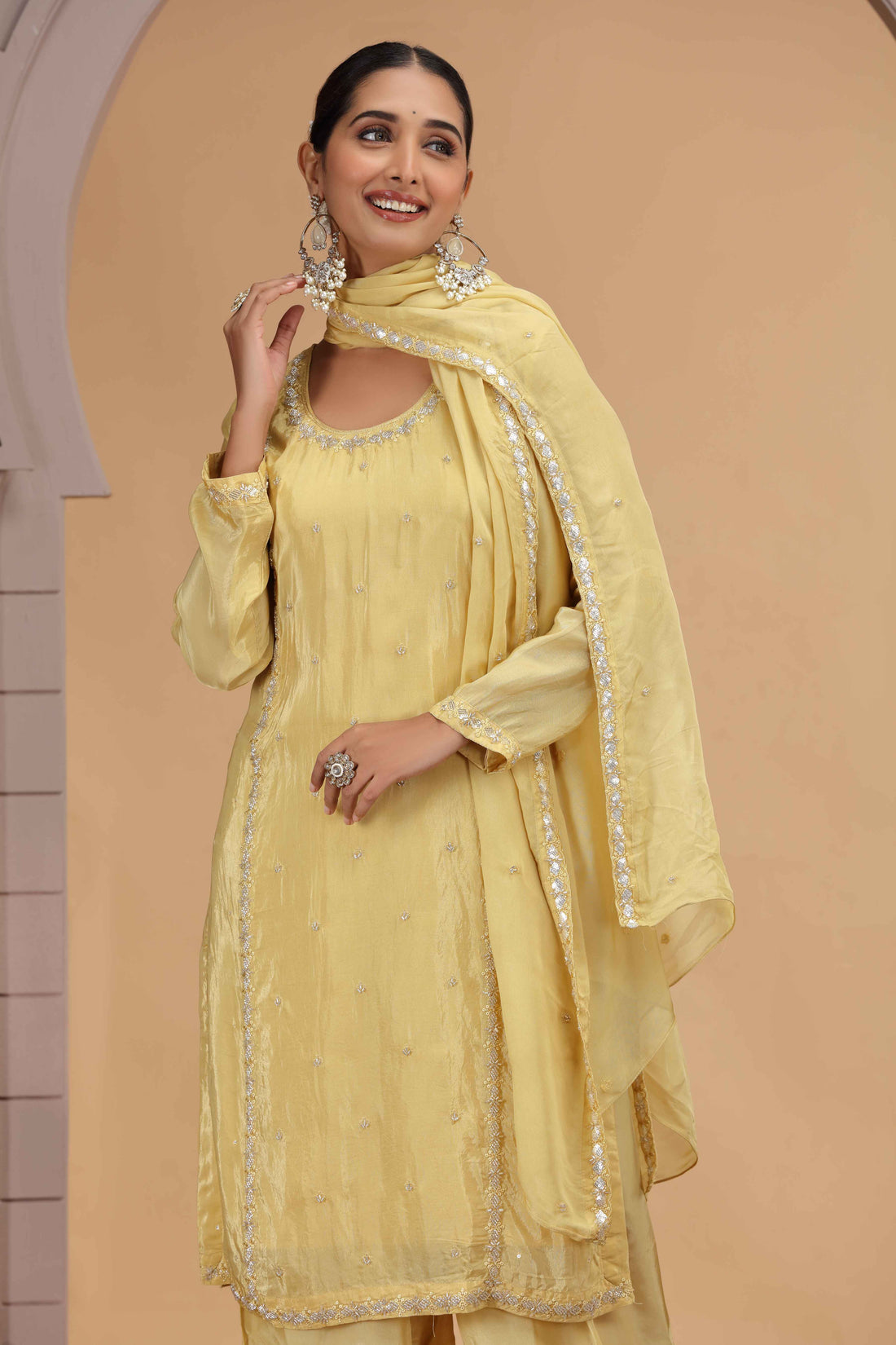 Yellow Satin Silk Straight Suit with Farsi Pant &amp; Chiffon Dupatta Straight Suit Anant Tex Exports Pvt.Ltd..
