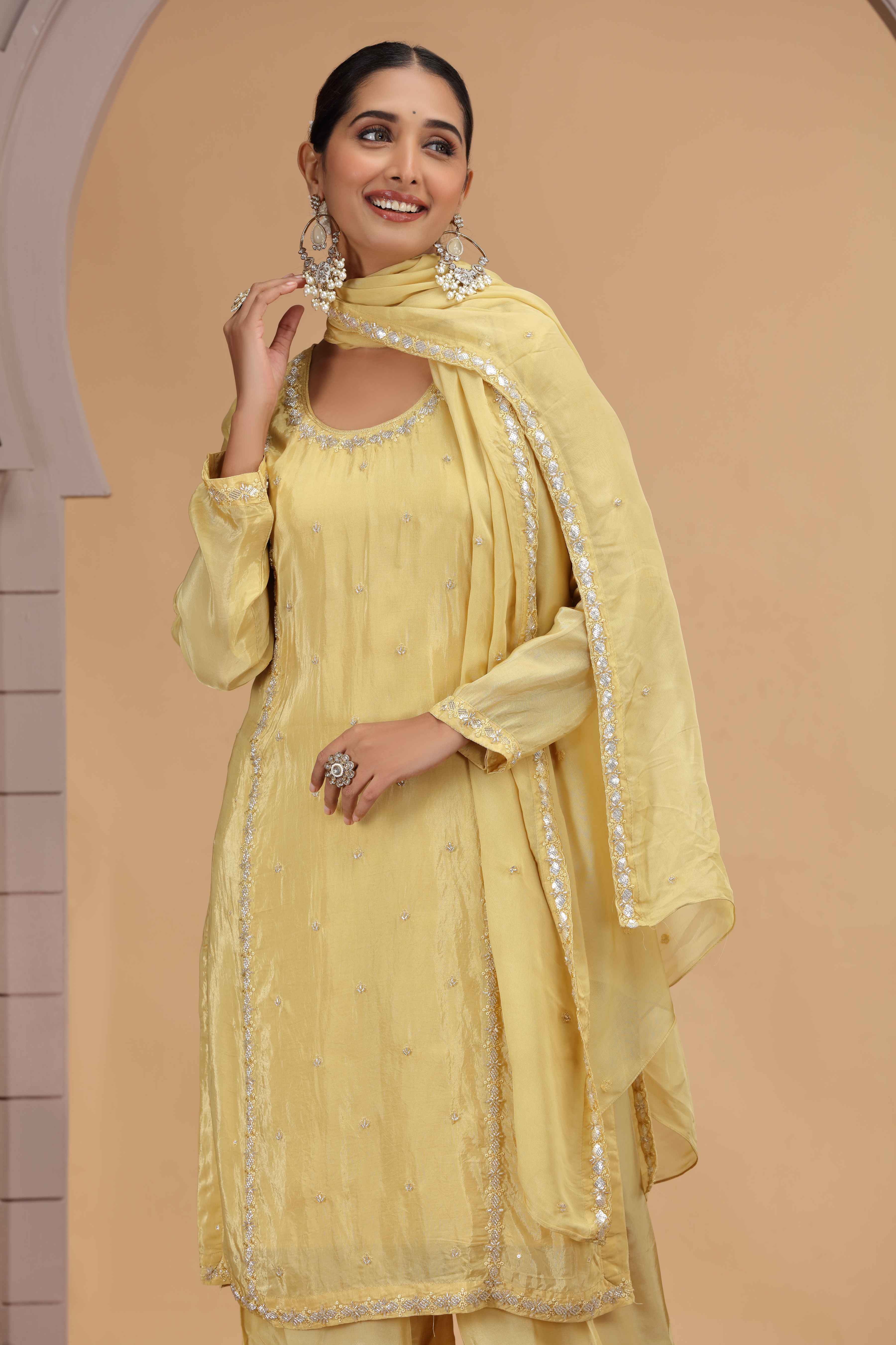 Yellow Satin Silk Straight Suit with Farsi Pant &amp; Chiffon Dupatta Straight Suit Anant Tex Exports Pvt.Ltd..
