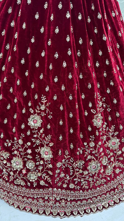 Red Pure Soft Velvet Heavy Embroidery Patch Work Bridal Lehenga
