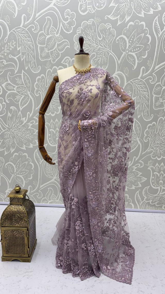 Lavender Pure Premium Net Handwork Kasti &amp; Motif Zari Metallic Sequins Work Wedding Saree