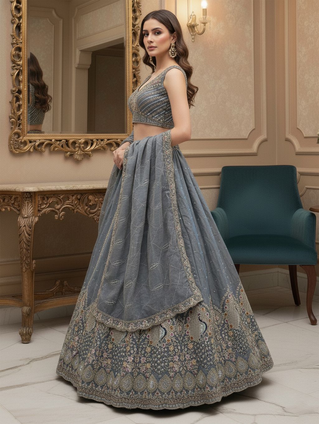 Stone Grey Pure Soft Gadhwal Silk Heavy Embroidery Work Bridal Lehenga