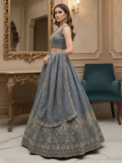Stone Grey Pure Soft Gadhwal Silk Heavy Embroidery Work Bridal Lehenga