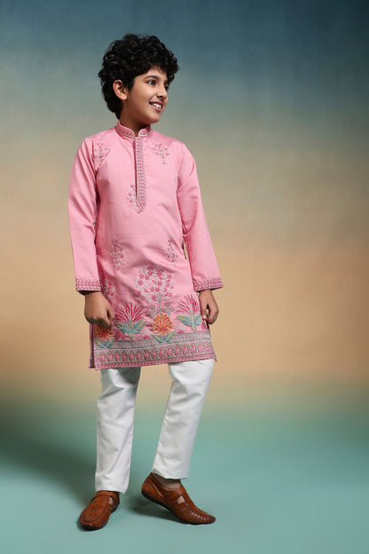 Pink Pure Viscose Silk Kids Boy Kurta Pajama