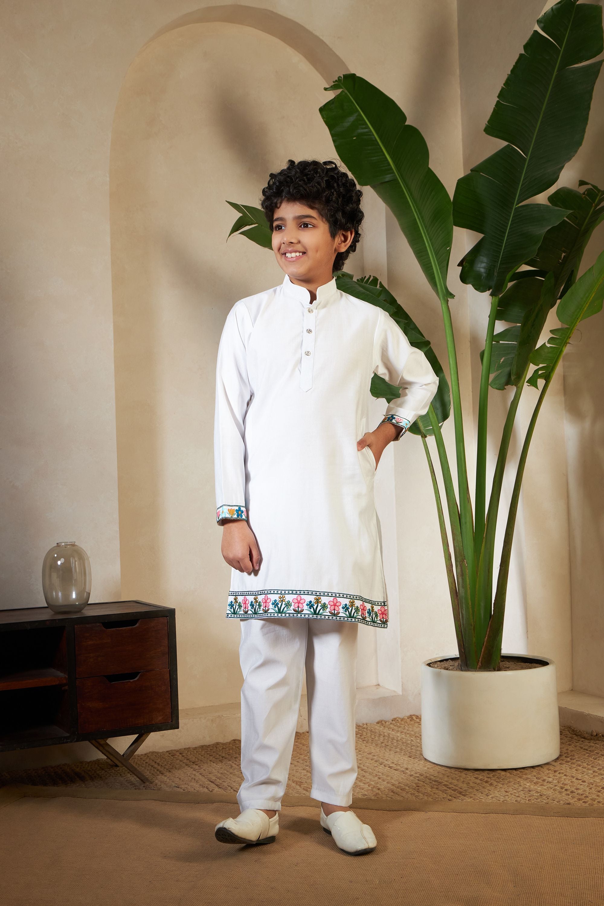 White Pure Viscose Silk Silk Kids Boy Kurta Pajama With Koti Jacket 