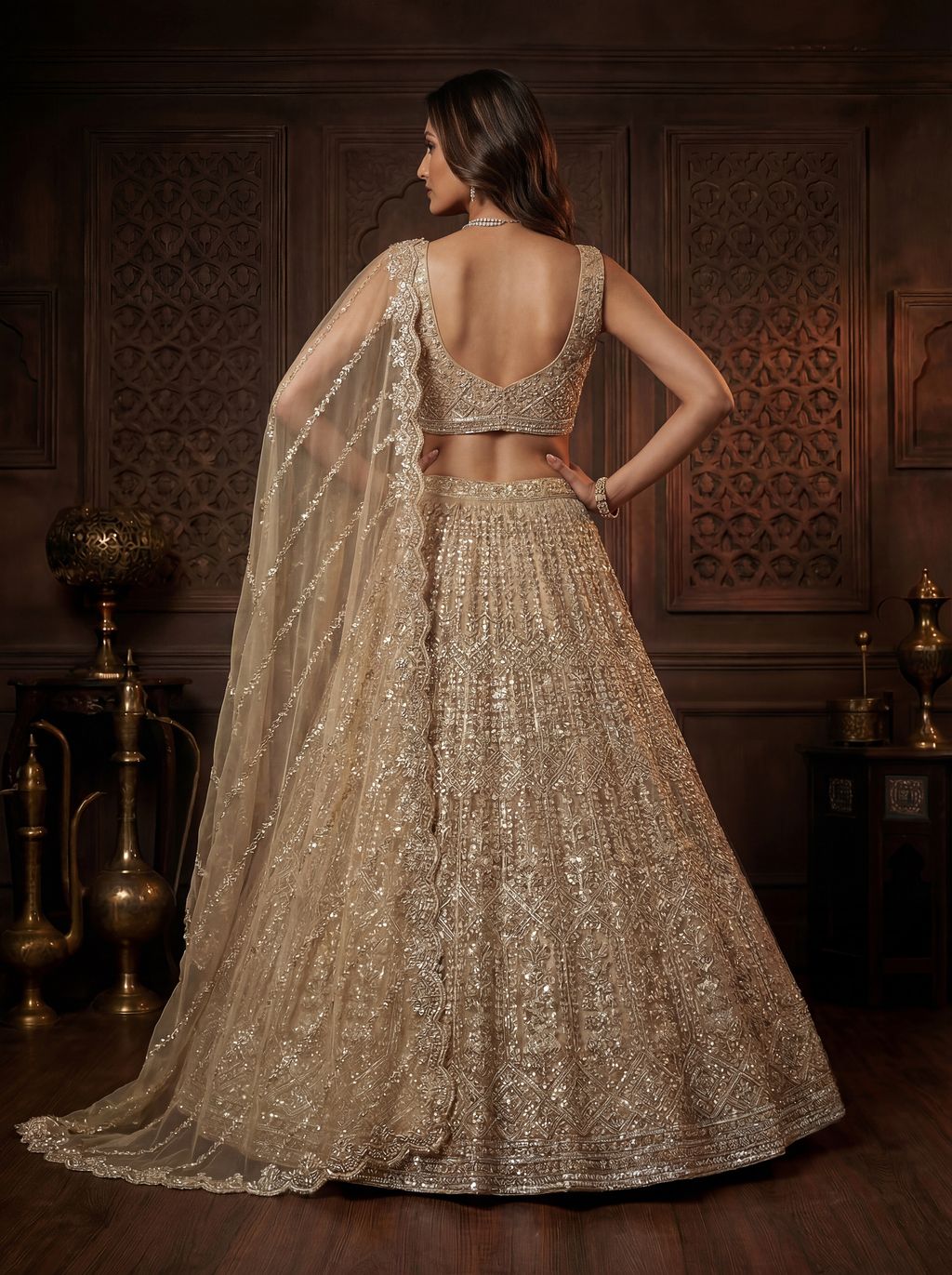 Golden Pure Soft Net Heavy Embroidery Work Bridal Lehenga ##color## Bridal Lehenga with premium fabric and embroidery