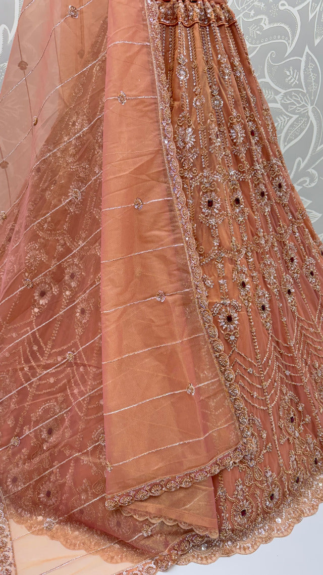 Peach Pure  Fendi Tussaud Silk Crystal Beads work Multi Thread Dori and Sequins Work Sequins Work Bridal Lehenga Choli