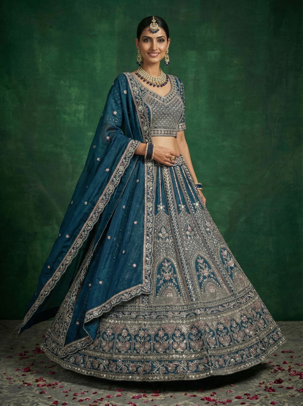 Midnight Blue Pure Soft Satin Silk Heavy Embroidery Work Bridal Lehenga