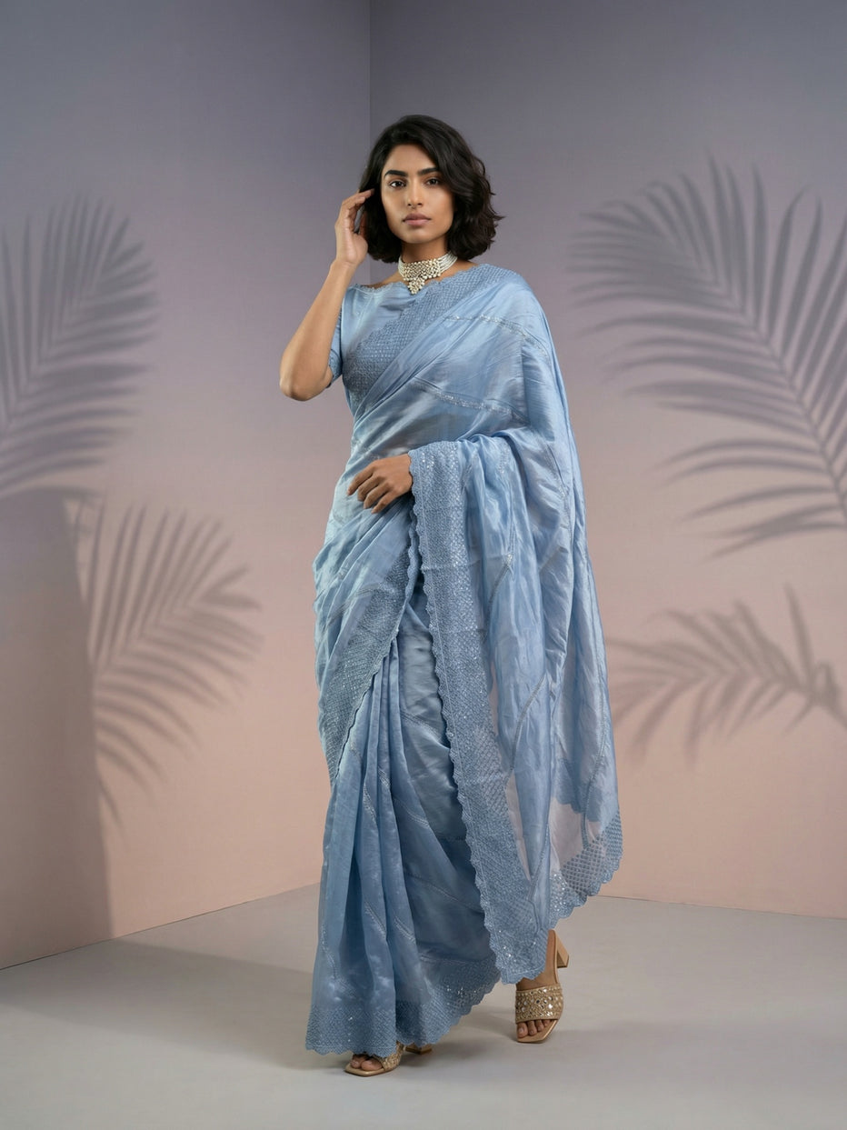 Grey Pure Raspberry Silk Embroidered Leheriya Work and Sequin Saree 