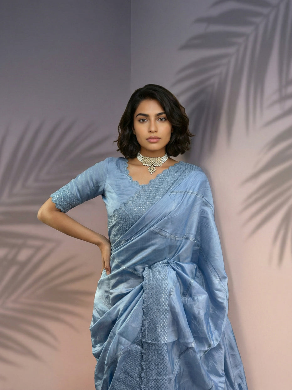 Grey Pure Raspberry Silk Embroidered Leheriya Work and Sequin Saree ##color## Raspberry Silk Saree with premium fabric and embroidery