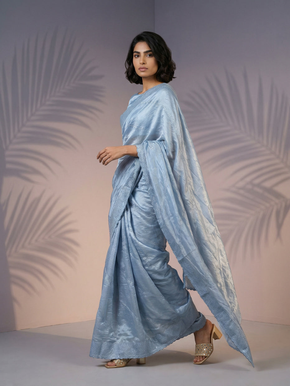 Grey Pure Raspberry Silk Embroidered Leheriya Work and Sequin Saree ##color## Raspberry Silk Saree with premium fabric and embroidery