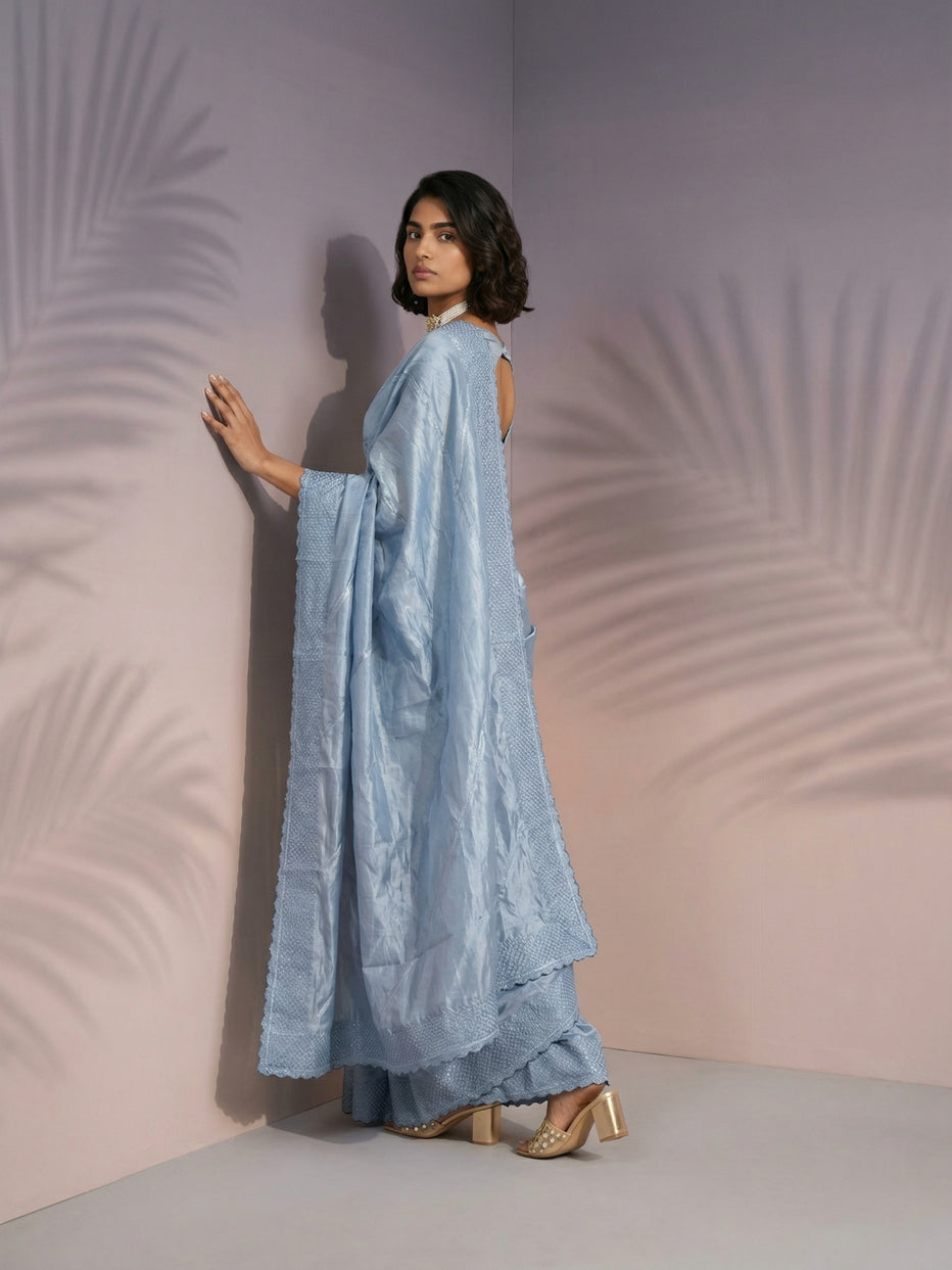 Grey Pure Raspberry Silk Embroidered Leheriya Work and Sequin Saree ##color## Raspberry Silk Saree with premium fabric and embroidery