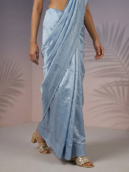 Grey Pure Raspberry Silk Embroidered Leheriya Work and Sequin Saree 